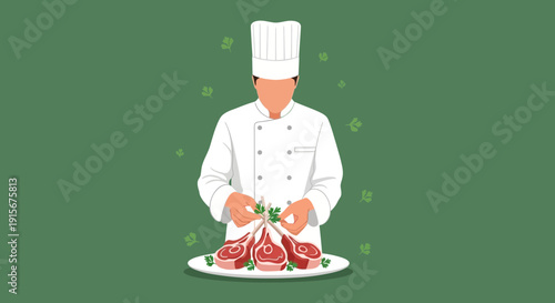 Chef Preparing Lamb Chops Dish, Culinary Arts, Gourmet Cuisine, Delicious Food Presentation