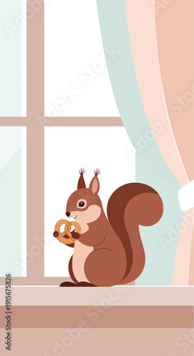 Charming Squirrel Sits By Window Enjoying A Treat Indoors