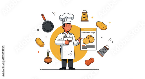 Chef Presenting Classic Latkes Recipe With Ingredients And Utensils