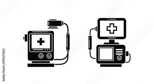 Medical devices defibrillator and patient monitoring system icons in black
