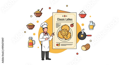 Chef Presenting Delicious Classic Latkes Recipe Illustration