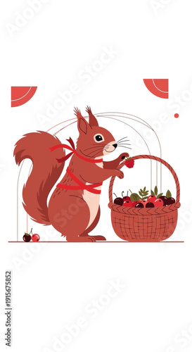 Charming Squirrel With Basket Of Cherries Illustration