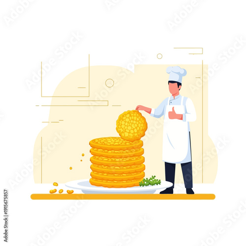 Chef Presenting Stacked Golden Corn Patties Deliciously Prepared