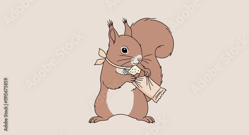 Charming Squirrel With Food Illustrated, Eating Snack, Cartoonish Animal Illustration