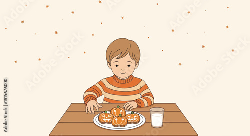 Child Enjoying Halloween Treats With Milk A Festive Autumn Scene Illustration
