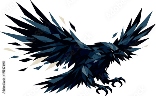 Low-poly vector illustration of a crow snapping into a wing flare, explosive outward wing motion captured mid-action, elongated