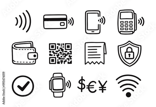 Contactless Payments and Digital Wallet Hand-Drawn Icon Set: NFC, QR Code, Mobile Pay, and Security Doodle