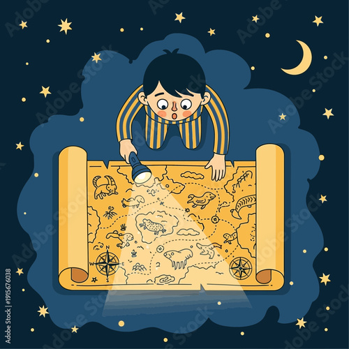 Child Exploring Mysterious Treasure Map Under Starry Night Sky