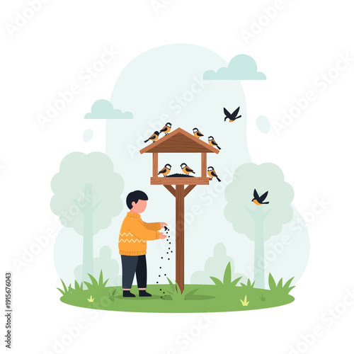 Child Feeding Birds At Wooden Feeder In Garden Nature Scene
