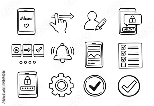 Doodle style icons for mobile app onboarding, user security, notifications, and interaction elements.