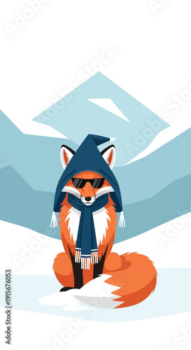 Chic Fox Enjoying Winter Mountain Scenery Stylishly Dressed for Cold Weather