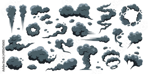 A collection of cartoon smoke and dust cloud illustrations in various shapes and forms on a white background.