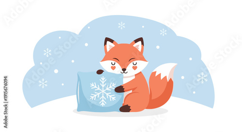 Charming Winter Fox Embraces Snowflake Pillow Against Snowy Backdrop