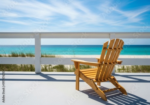 Wooden Beach Chair on Oceanfront Deck – Relaxing Coastal View and Vacation Concept