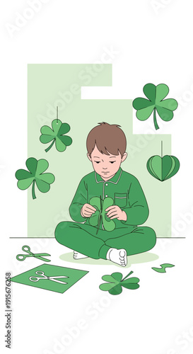 Child Crafting Shamrock Decorations for St. Patrick's Day Celebration