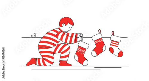 Child In Striped Pajamas Attaching Christmas Stockings To Line Festive Preparation