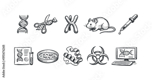 Science and research icon set: laboratory, dna, mouse and biotech elements line art