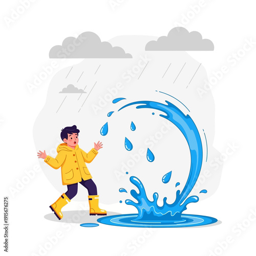Child In Yellow Raincoat Splashed By Sudden Water Geyser