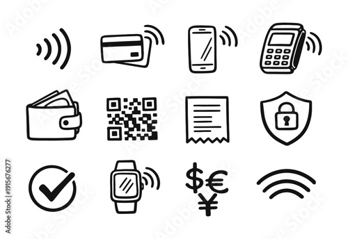 Modern Digital Payment Systems Doodle Icons: Contactless, Mobile, QR, and Wallet Transactions Vector Set