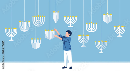 Child Decorates For Hanukkah With Hanging Menorahs And Dreidels