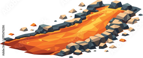 Low-poly vector illustration of a lava flow spill future state, lava settling into a wide refined faceted flow with cooling