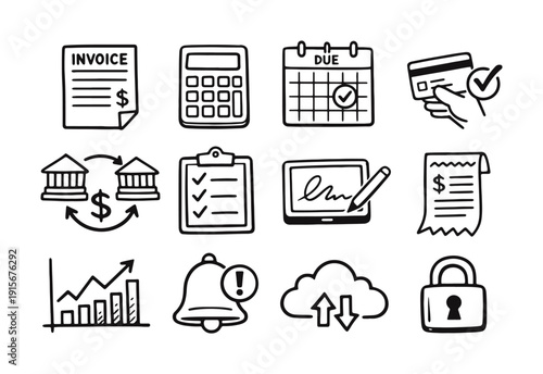 Accounting and Financial Management Doodle Icons: Invoicing, Calculations, Due Dates, and Data Security