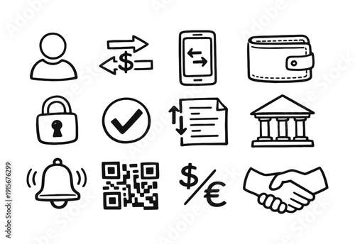 Business and Financial Transaction Hand-Drawn Icon Set: User, Transfers, Security, and Banking Doodle
