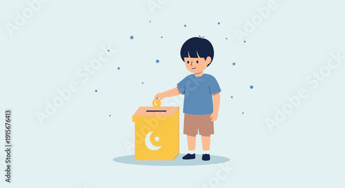 Child Donating Coin To Charity Box With Islamic Symbol