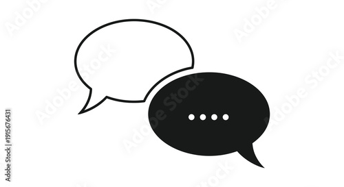 A simple black and white illustration depicts two speech bubbles one empty and one filled suggesting communication