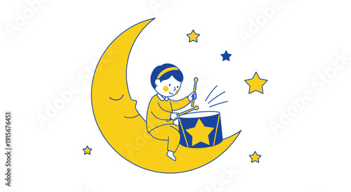 Child Drumming On Crescent Moon With Stars During Nighttime Fantasy