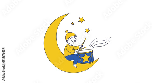 Child Drumming On Moon With Stars