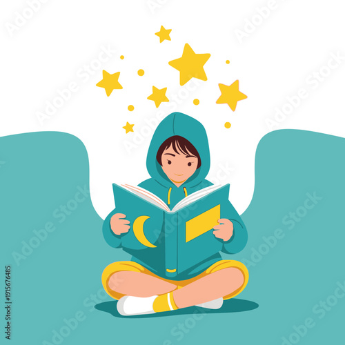 Child Enchanted By A Magical Storybook Filled With Stars And Dreams