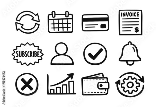 Business Process and Subscription Hand-Drawn Icon Set: Calendar, Payments, User, and Growth Doodle Icons