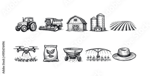Farm machinery and equipment line icon set. Farming, agriculture outline icons collection.