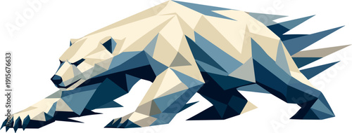 Low-poly vector illustration of a polar bear advancing into the prowl, long angular stride stretching forward with heavy forepaw