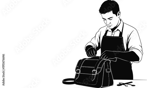 Leather craftsman working on a bag with apron and tools, vector illustration of skilled artisan crafting luxury leather goods.