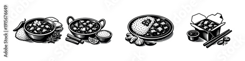Asian cuisine dishes flat vector icons set: curry, noodles, rice meals, and spice elements