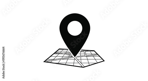 A simple black and white illustration depicts a location pin over a gridded map representing geographic coordinates