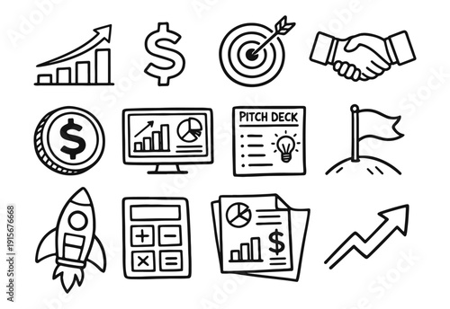 Hand Drawn Startup and Business Growth Icons Set. Doodle Vector Symbols for Innovation, Investment, and Success.