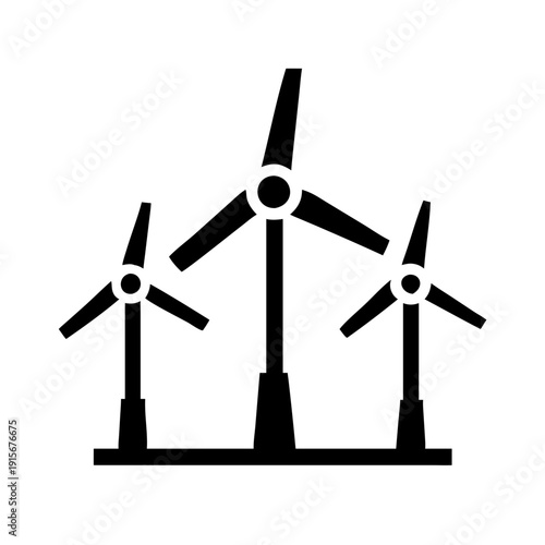 Three wind turbines generating renewable energy on a flat landscape