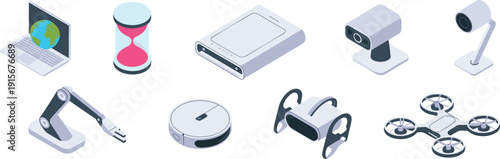 Set of isometric technology icons featuring robotic arm, drone, laptop with globe, vacuum robot, virtual reality headset, and security cameras for industrial automation designs
