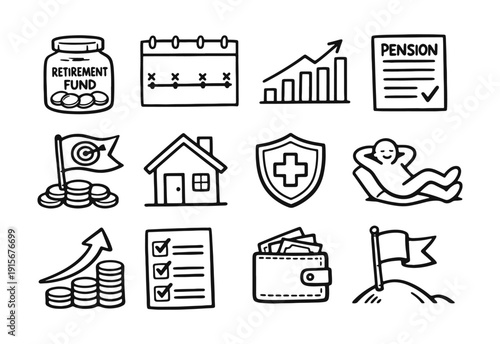 Hand Drawn Retirement and Financial Security Icons Set. Doodle Vector Symbols for Pension, Savings, and Future Planning.