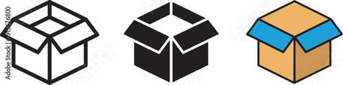 Open cardboard box icon line art representation, simple isometric perspective, isolated on grid