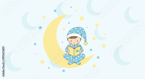 Child Reading A Book While Sitting On The Moon With Stars And Crescent Moons Background
