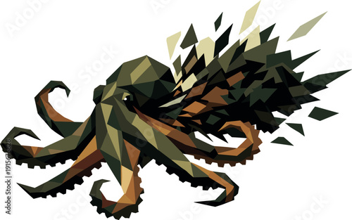 Octopus Ink Burst. Low-poly vector illustration of an octopus mid–ink burst under peak tension, extreme angular silhouette with