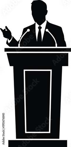 Politician speaking at podium with microphones, silhouette of a man giving a speech in formal attire, political debate or presentation.