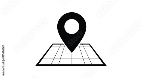 A simple black and white illustration depicts a location pin positioned atop a gridded map design high quality