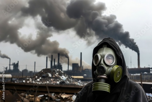 A person in a gas mask stands against a heavily polluted industrial landscape