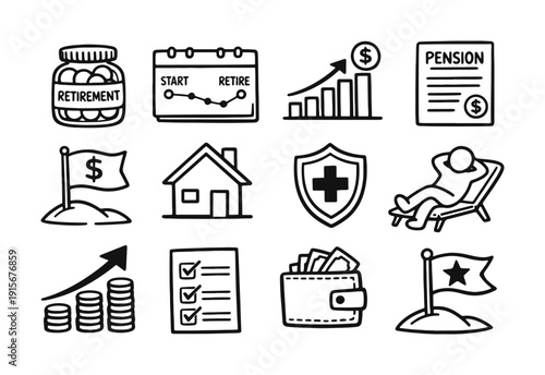 Hand Drawn Retirement Planning and Future Icons Set. Doodle Vector Symbols for Pension, Health, and Financial Freedom.