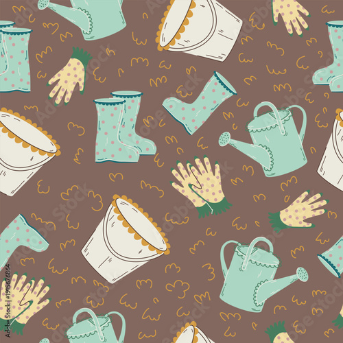 Rustic gardening pattern with earth tones and hand drawn tools